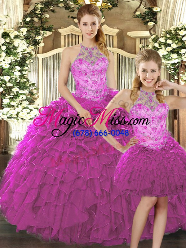 wholesale halter top sleeveless lace up ball gown prom dress fuchsia organza