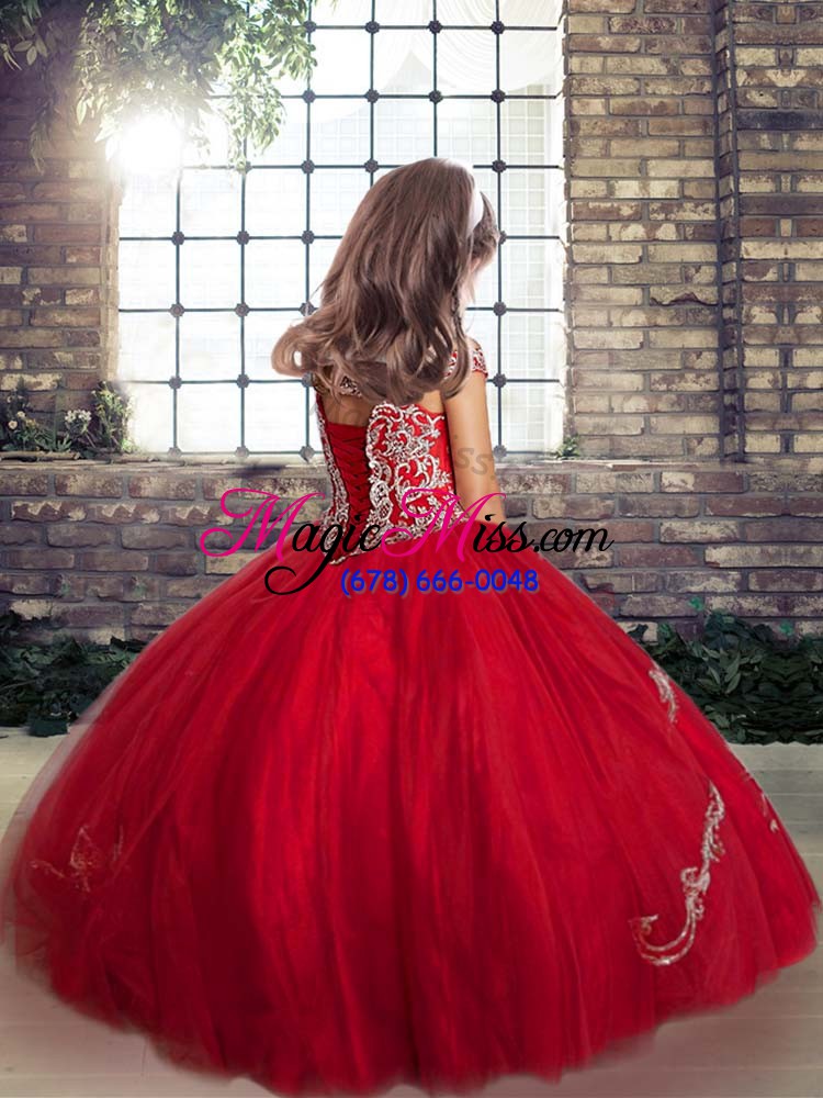 wholesale tulle off the shoulder sleeveless lace up beading child pageant dress in turquoise