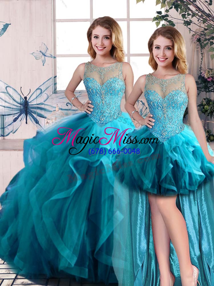 wholesale best aqua blue three pieces tulle scoop sleeveless beading and ruffles floor length lace up quinceanera gowns