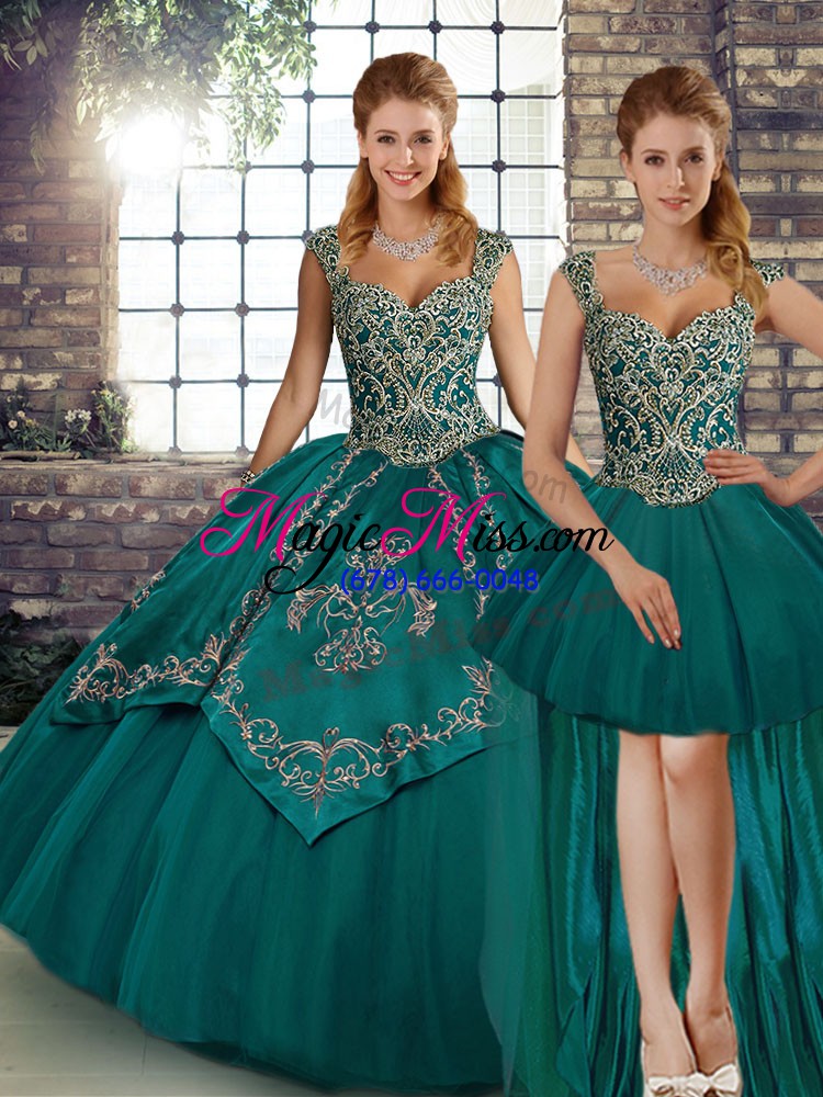 wholesale modest teal sleeveless beading and embroidery floor length quinceanera gowns