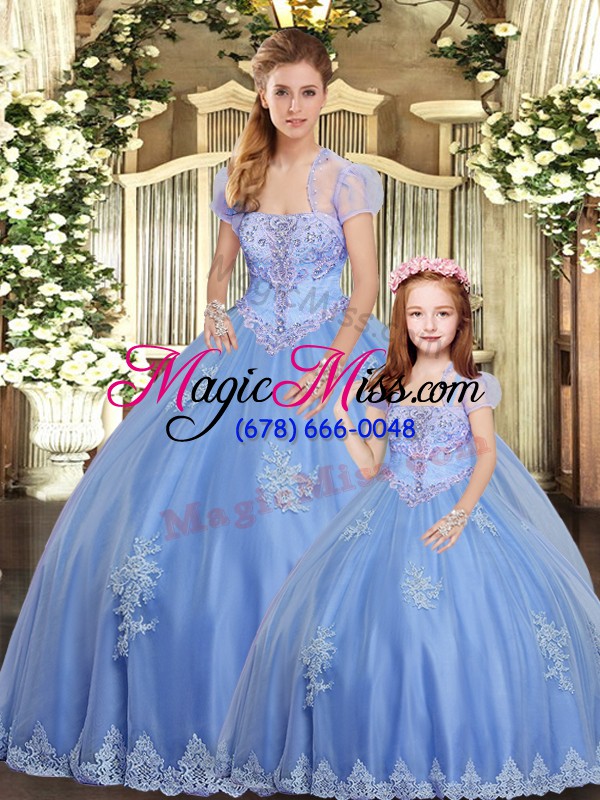 wholesale sleeveless floor length beading and appliques lace up quinceanera dresses with light blue