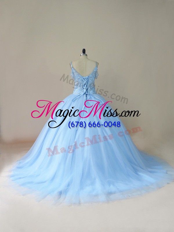 wholesale pretty ball gowns sleeveless light blue quinceanera dress brush train lace up