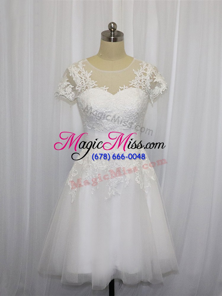 wholesale fitting white tulle zipper wedding dresses short sleeves mini length lace