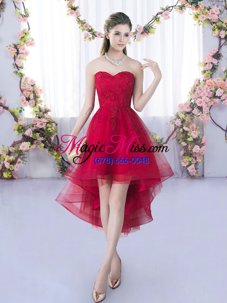 wholesale wine red lace up quinceanera court of honor dress lace sleeveless high low