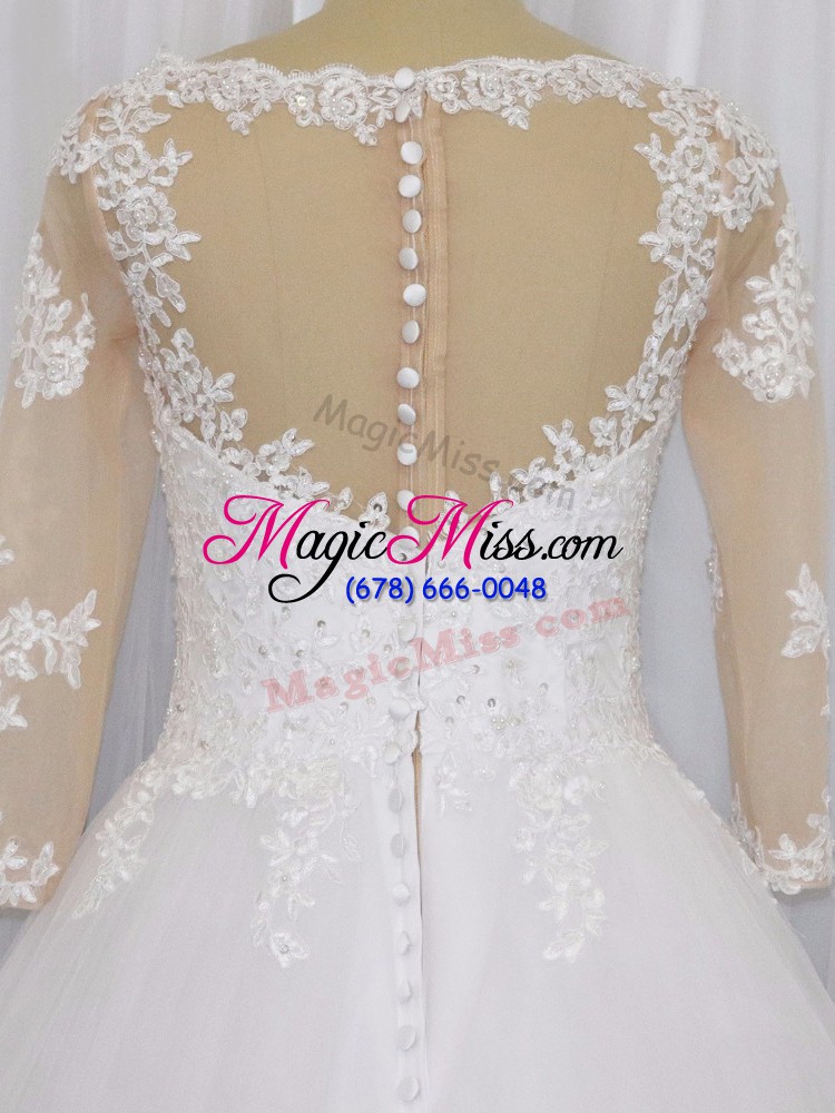 wholesale suitable brush train a-line wedding gowns white v-neck tulle 3 4 length sleeve zipper