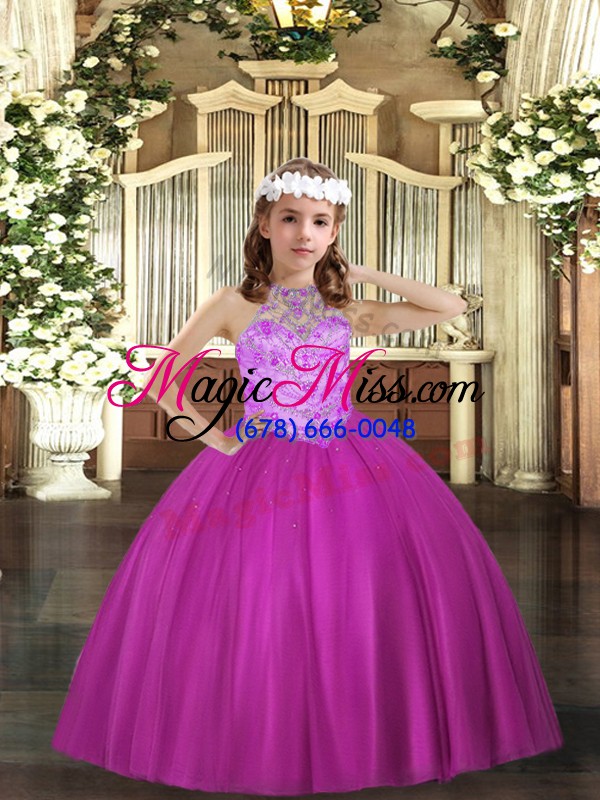 wholesale inexpensive floor length lace up little girls pageant dress fuchsia and in with beading