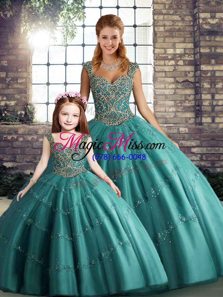 wholesale teal tulle lace up quinceanera dresses sleeveless floor length beading and appliques