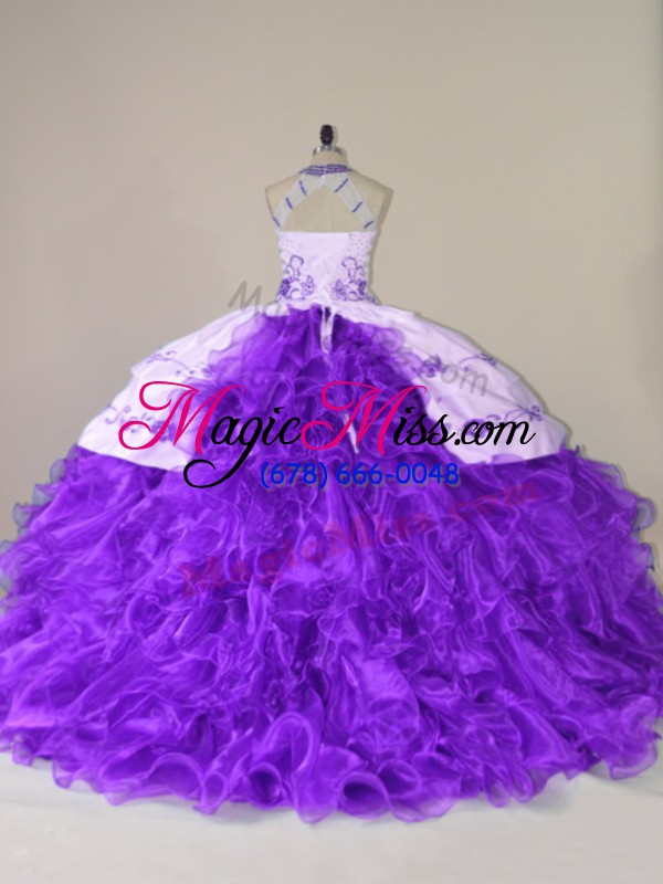 wholesale best selling purple organza lace up halter top sleeveless quinceanera gown court train embroidery and ruffles