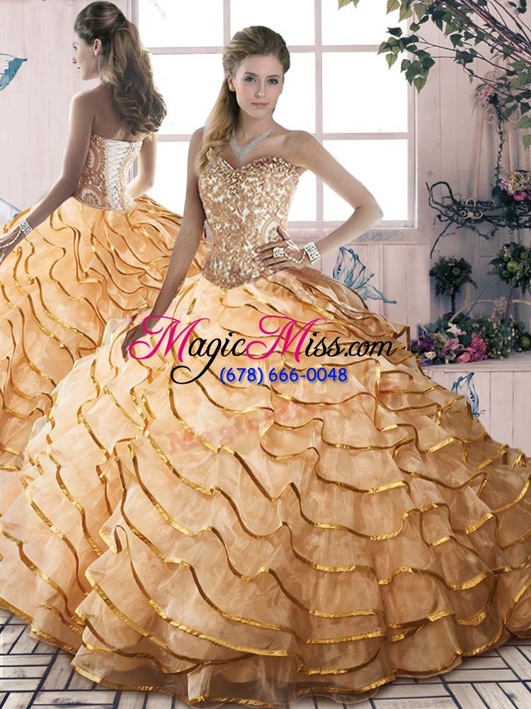 wholesale shining sleeveless beading and ruffled layers lace up quince ball gowns with gold brush train
