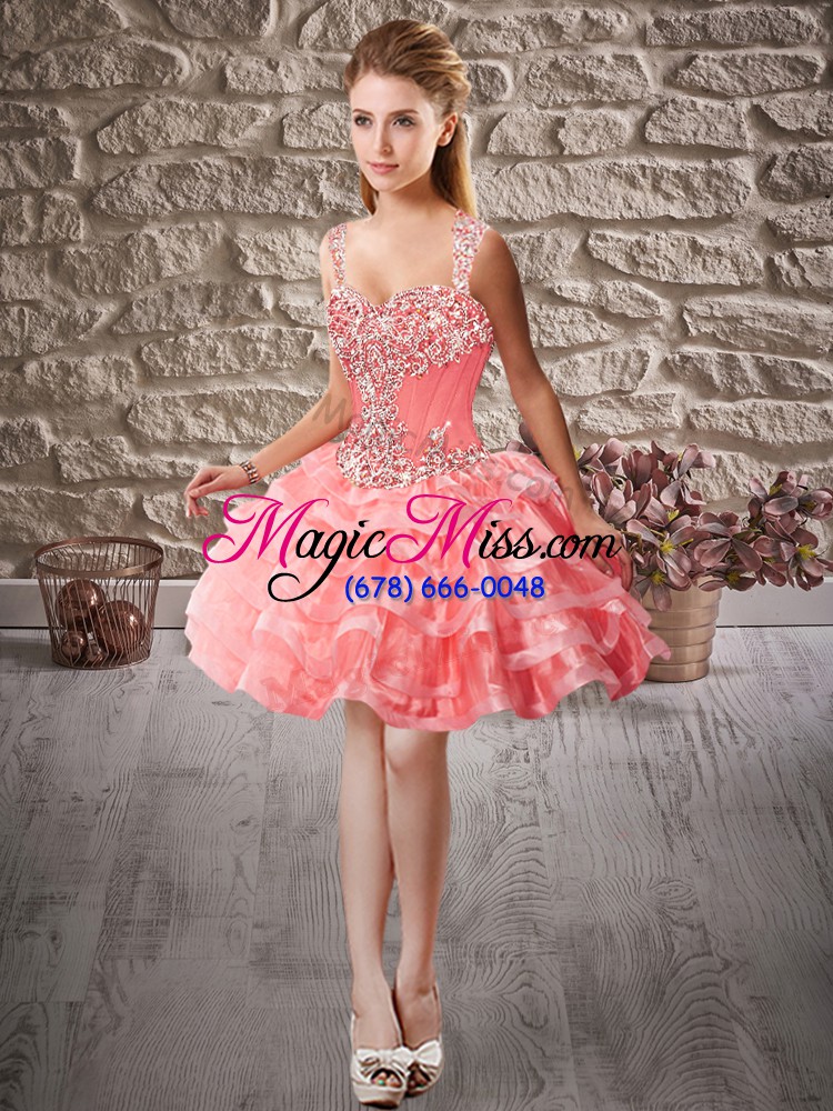 wholesale watermelon red lace up quinceanera dresses beading and ruffled layers sleeveless court train