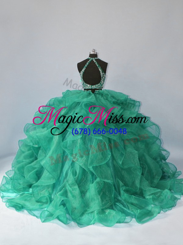 wholesale sleeveless beading and ruffles backless sweet 16 dress with turquoise brush train