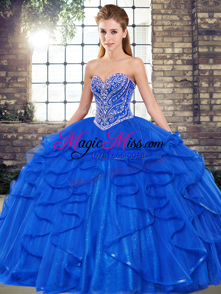 wholesale royal blue sweetheart lace up beading and ruffles quinceanera gown sleeveless