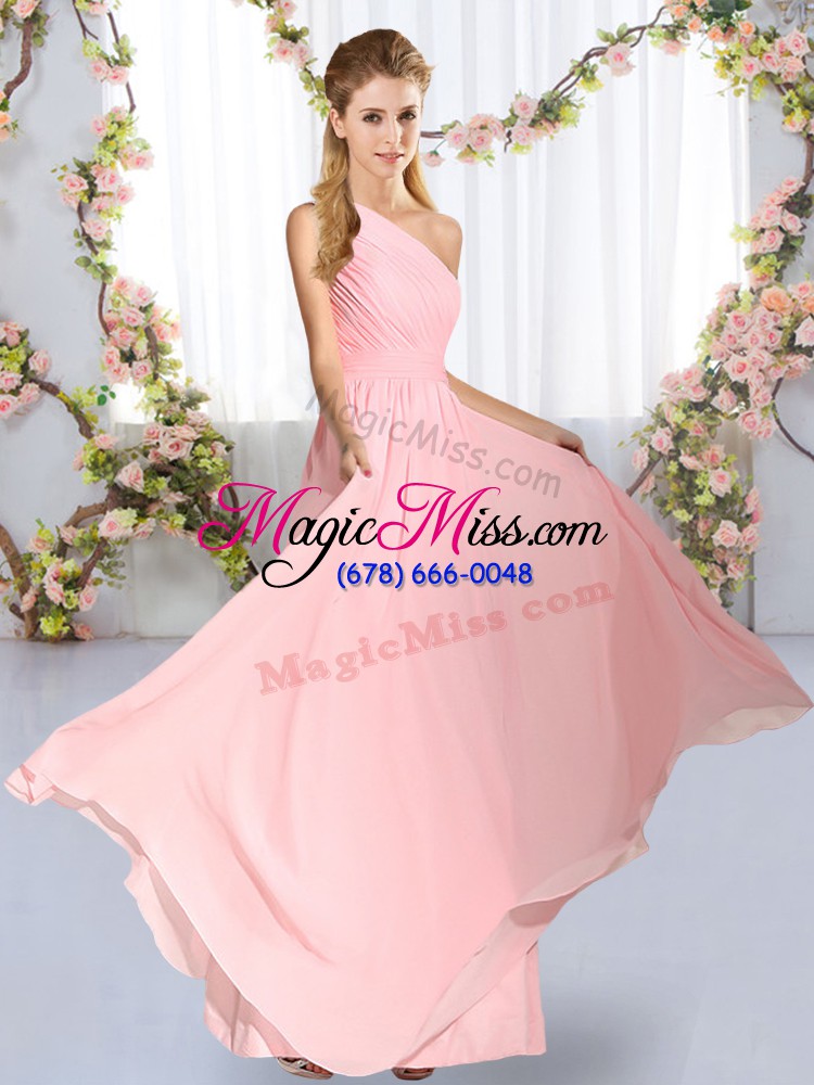 wholesale admirable baby pink lace up bridesmaid dresses ruching sleeveless floor length