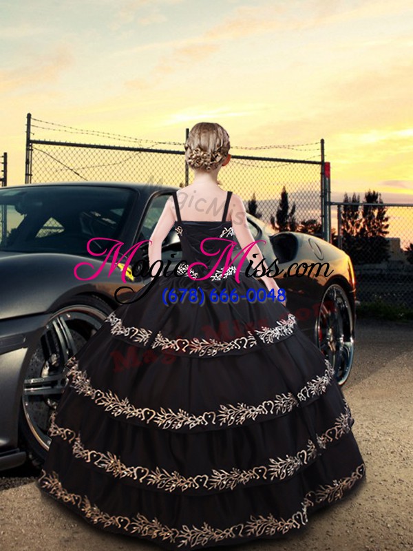 wholesale dark green satin lace up kids pageant dress sleeveless floor length embroidery