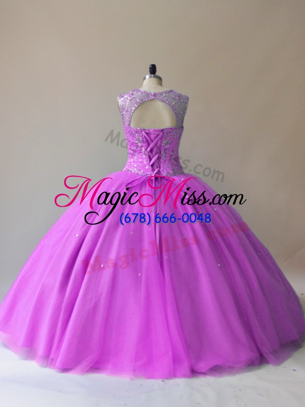 wholesale fancy lilac tulle lace up scoop sleeveless floor length quince ball gowns beading