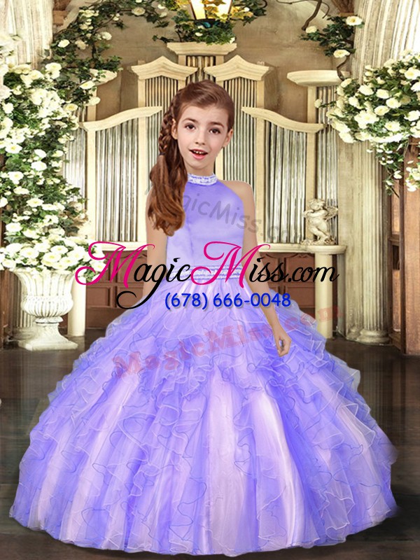 wholesale hot selling lavender backless high-neck beading and ruffles child pageant dress tulle sleeveless