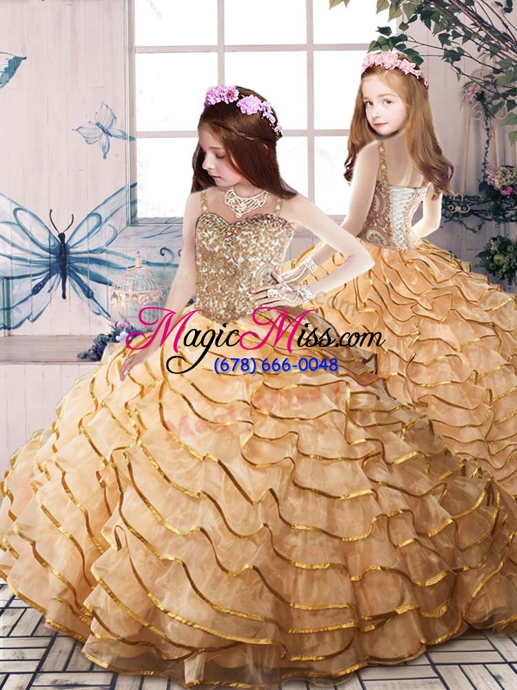 wholesale champagne sleeveless organza brush train lace up quince ball gowns for sweet 16 and quinceanera