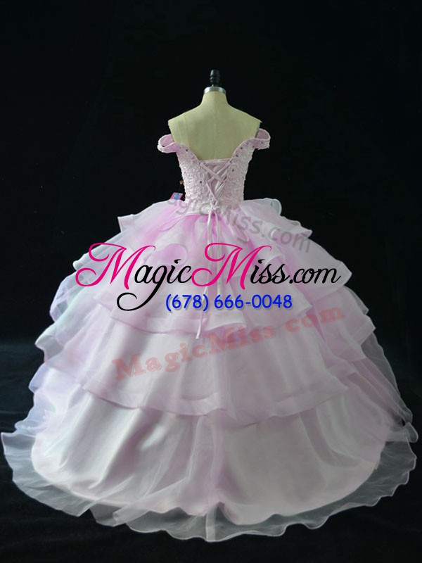 wholesale classical brush train ball gowns 15th birthday dress lilac off the shoulder organza sleeveless lace up