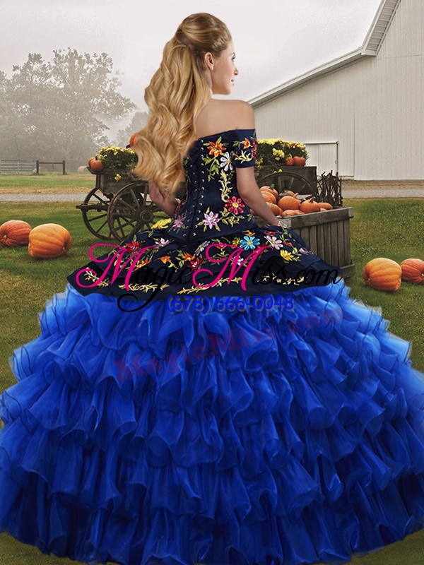 wholesale blue and black sleeveless floor length embroidery and ruffled layers lace up sweet 16 quinceanera dress