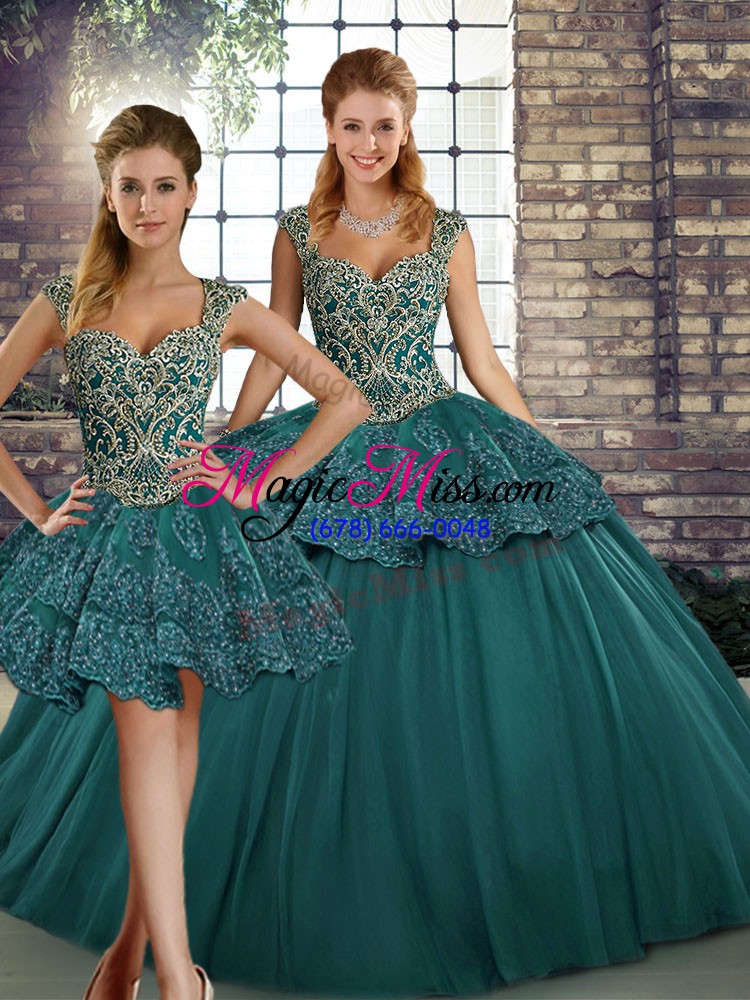 wholesale sleeveless floor length beading and appliques lace up quinceanera gown with green
