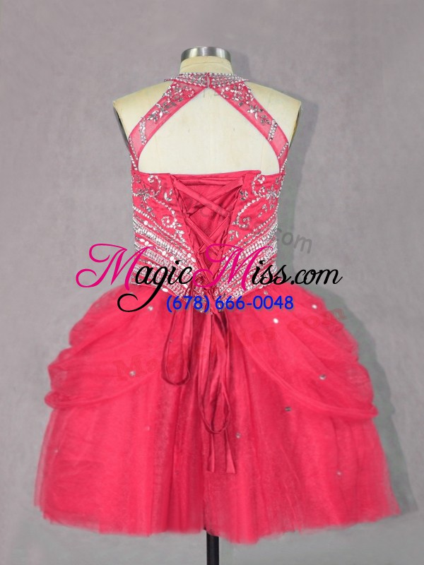 wholesale sleeveless tulle mini length lace up homecoming dress in coral red with beading