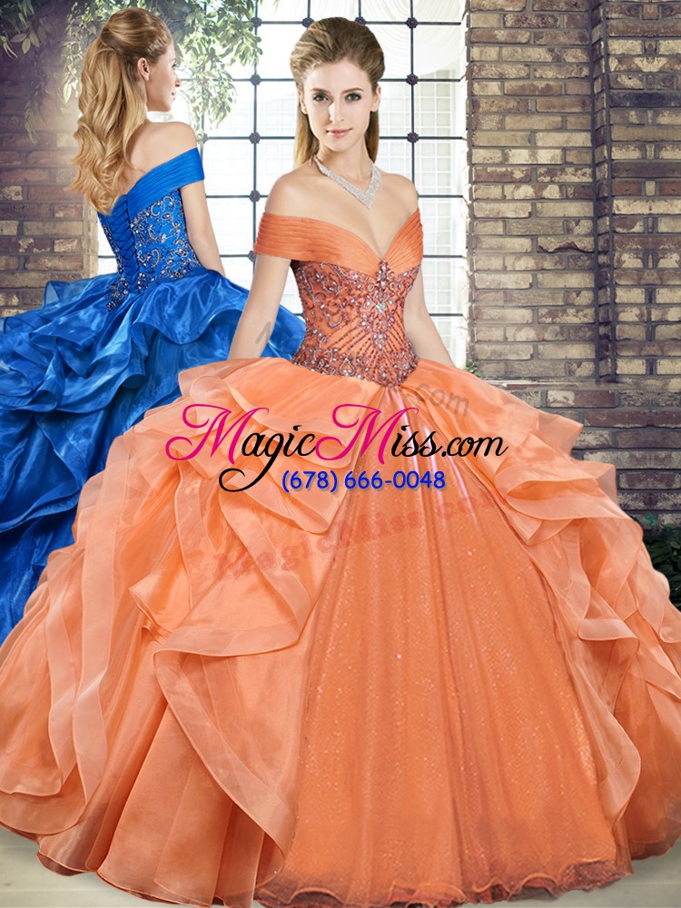 wholesale delicate floor length orange quinceanera gown off the shoulder sleeveless lace up