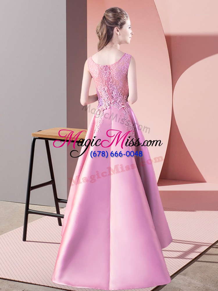 wholesale luxury satin scoop sleeveless zipper lace dama dress in peach