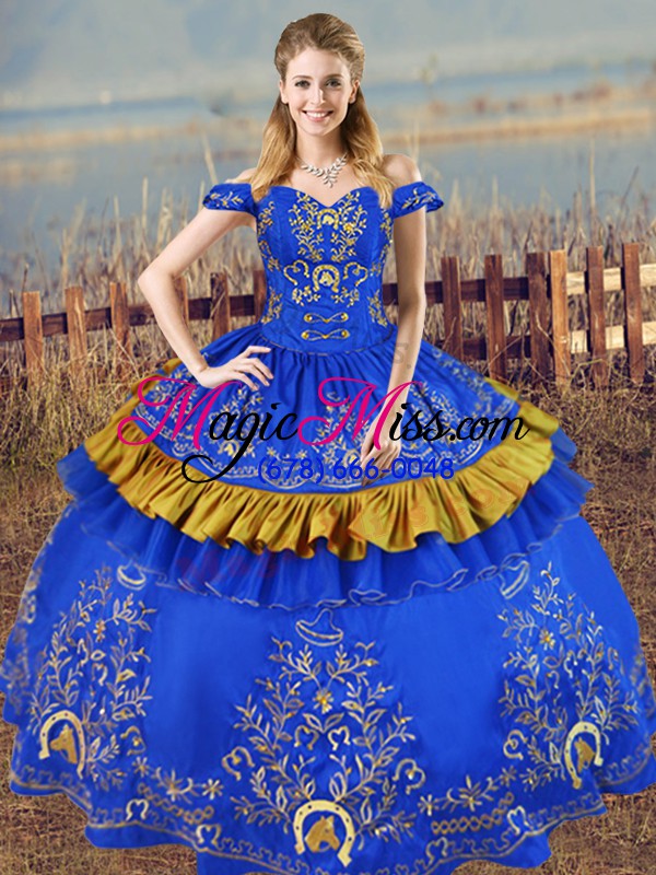 wholesale blue satin lace up vestidos de quinceanera sleeveless floor length embroidery