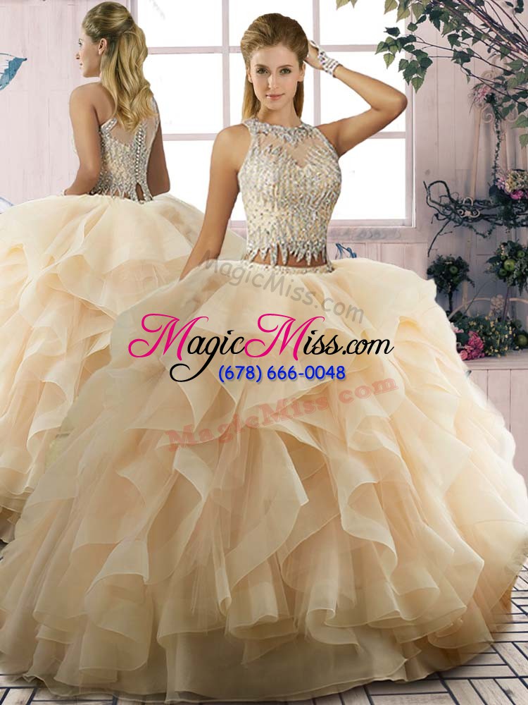 wholesale fine champagne zipper quinceanera dresses beading and ruffles sleeveless floor length