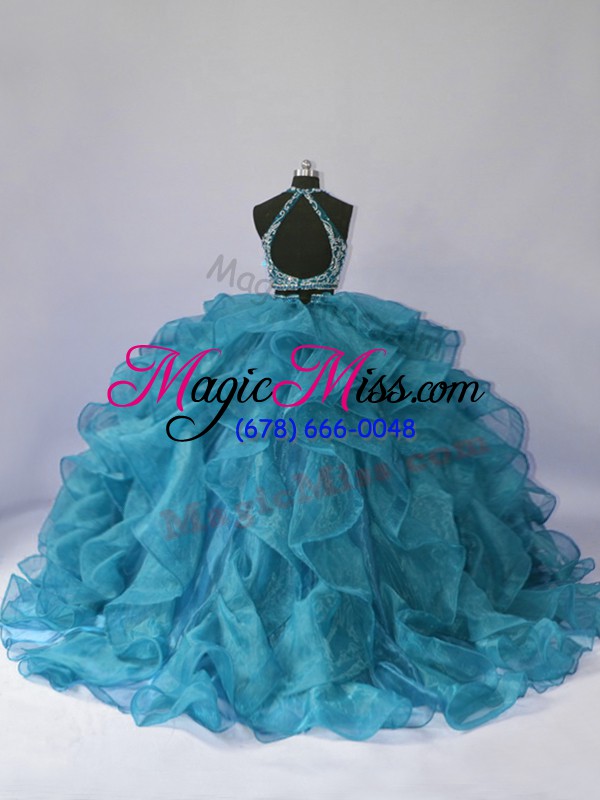 wholesale high quality teal two pieces beading and ruffles quinceanera gowns backless organza sleeveless floor length