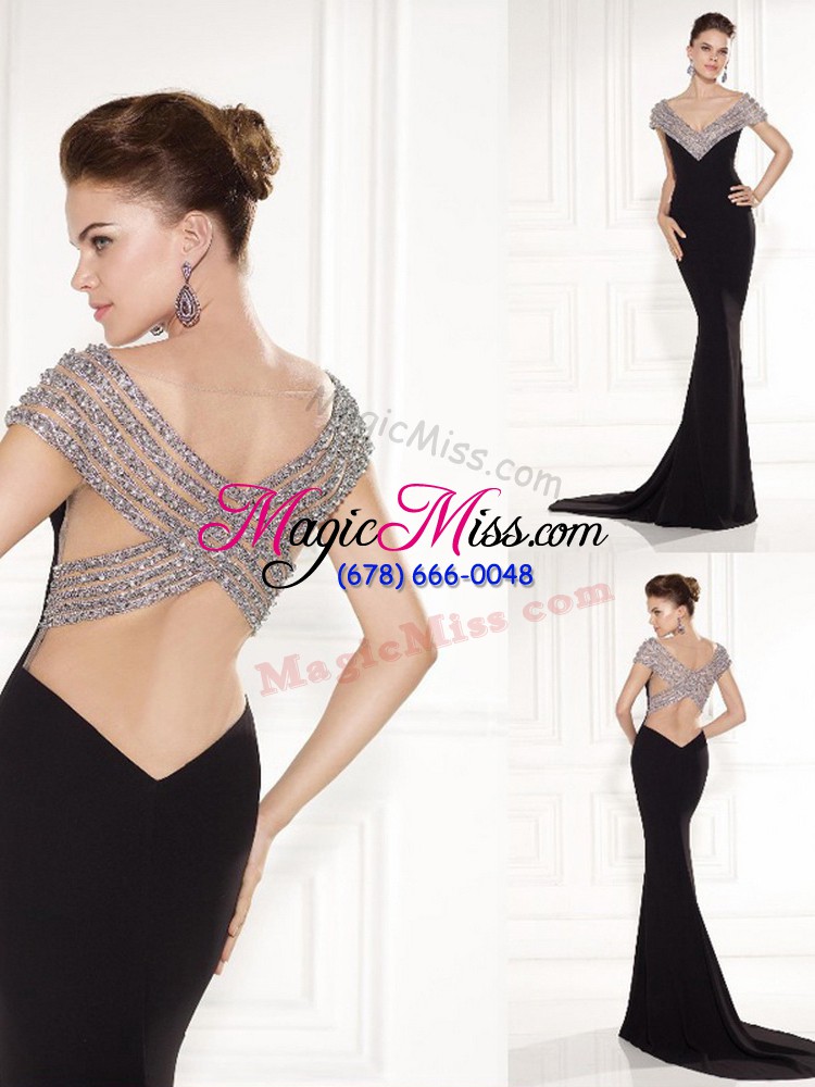 wholesale sumptuous beading formal dresses black backless sleeveless brush train