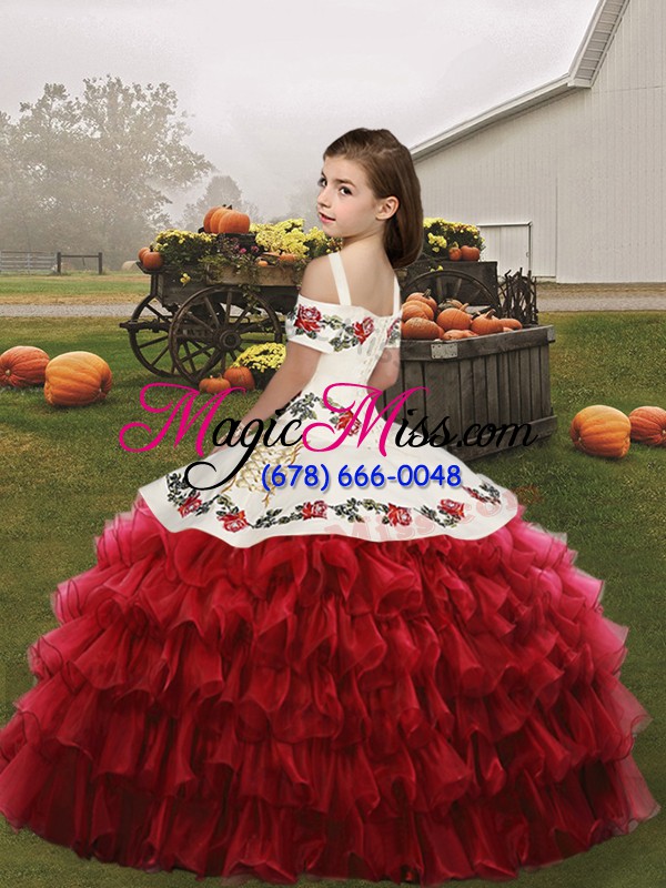 wholesale red little girl pageant gowns party and wedding party with embroidery and ruffled layers straps sleeveless lace up
