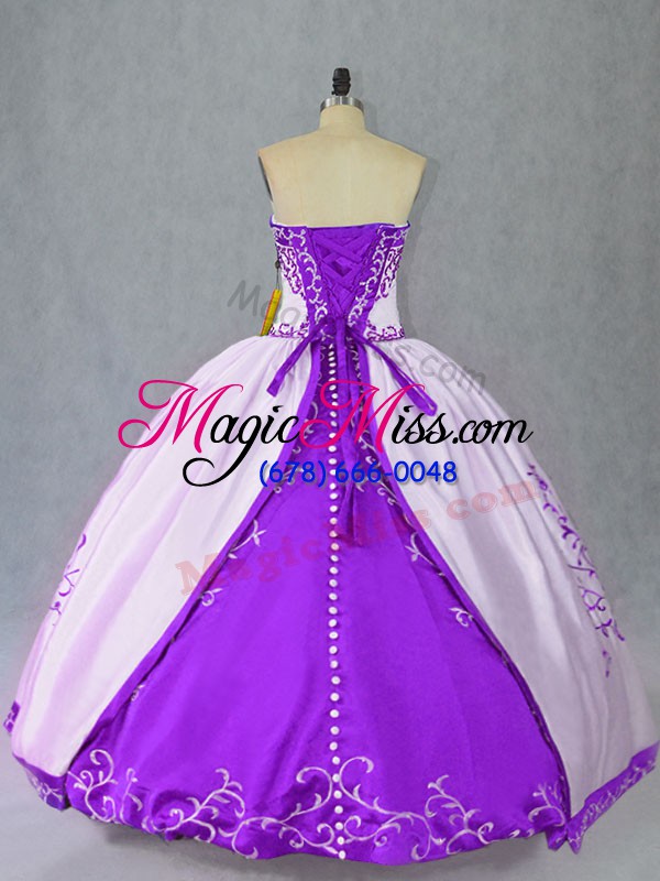 wholesale charming white and purple sleeveless embroidery floor length quinceanera dresses