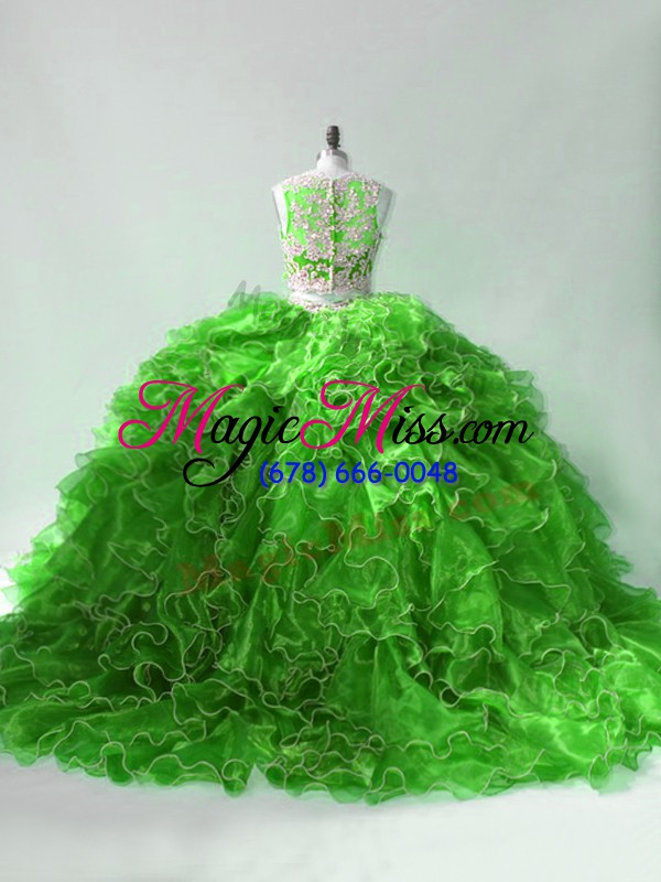 wholesale green zipper 15 quinceanera dress beading and ruffles sleeveless brush train