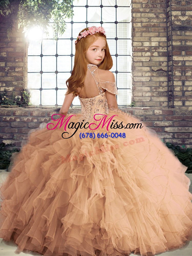 wholesale new style ball gowns tulle high-neck sleeveless beading and ruffles floor length lace up pageant dress for teens