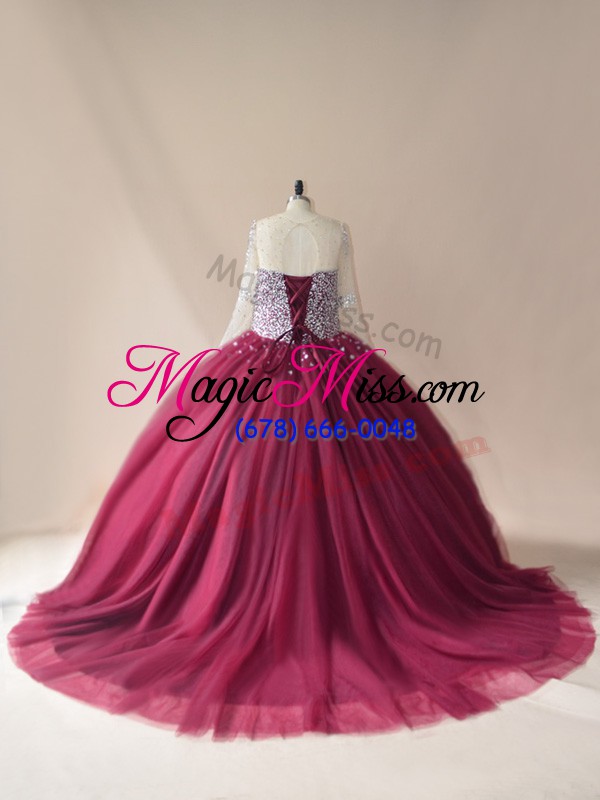 wholesale pretty long sleeves beading lace up 15th birthday dress with burgundy brush train