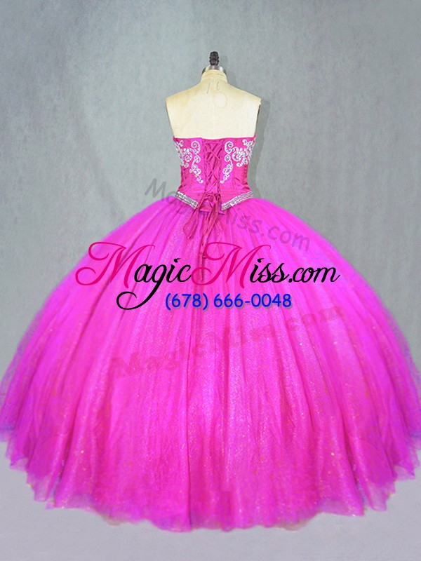 wholesale cheap fuchsia ball gowns beading sweet 16 dress lace up tulle sleeveless floor length