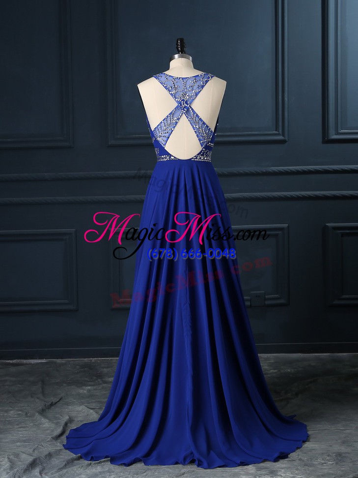 wholesale royal blue empire chiffon scoop sleeveless beading criss cross prom dress brush train