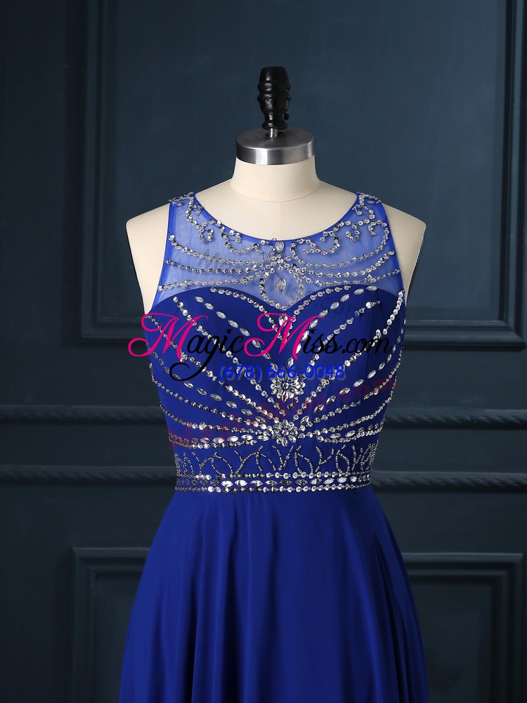 wholesale royal blue empire chiffon scoop sleeveless beading criss cross prom dress brush train