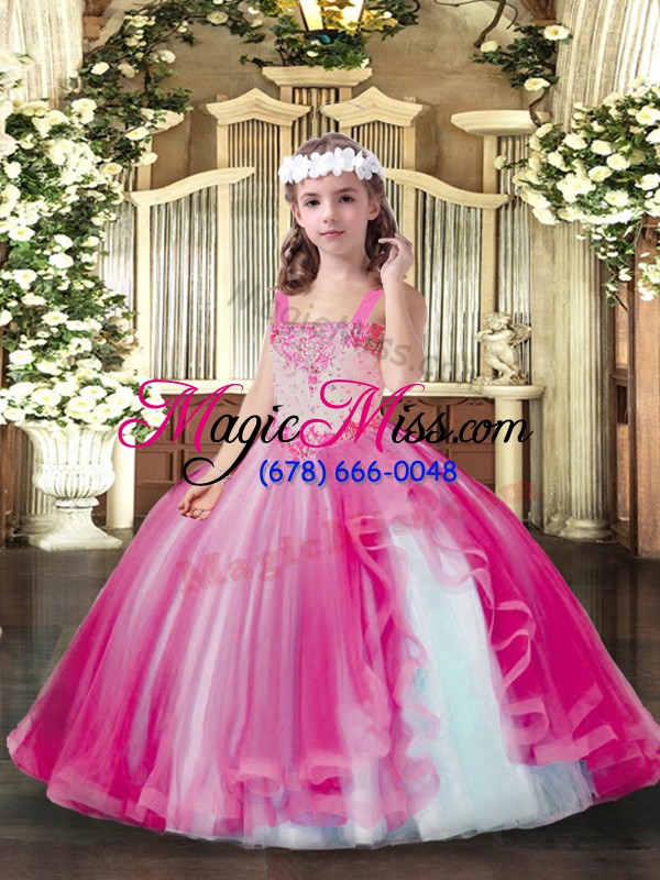 wholesale affordable floor length hot pink little girl pageant dress straps sleeveless lace up