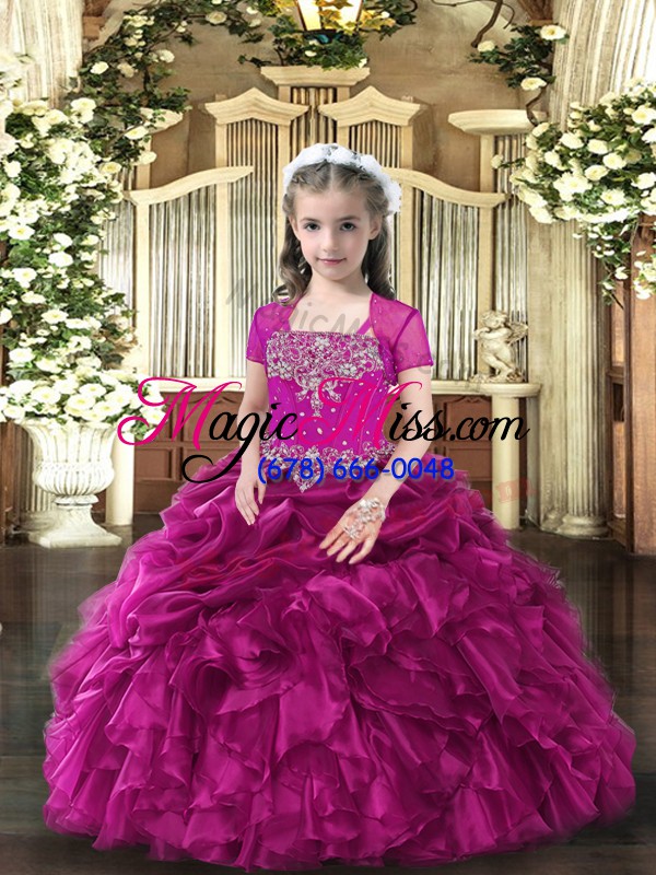 wholesale straps sleeveless little girls pageant gowns floor length beading and ruffles fuchsia organza
