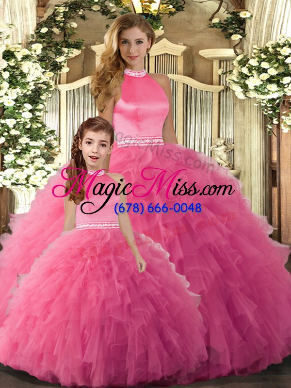 wholesale noble beading and ruffles sweet 16 dress hot pink backless sleeveless floor length