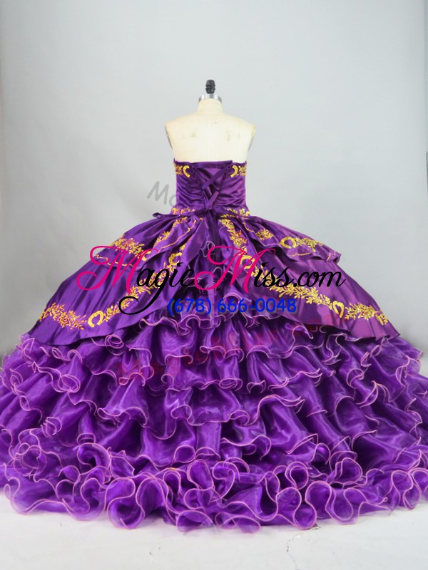 wholesale sweet purple ball gowns satin and organza sweetheart sleeveless embroidery and ruffled layers lace up 15 quinceanera dress brush train