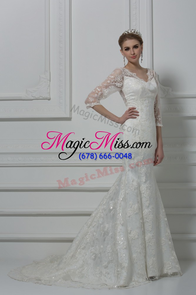 wholesale flare white lace up v-neck lace and hand made flower wedding dresses lace 3 4 length sleeve brush train