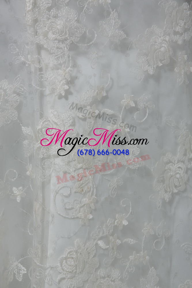 wholesale flare white lace up v-neck lace and hand made flower wedding dresses lace 3 4 length sleeve brush train