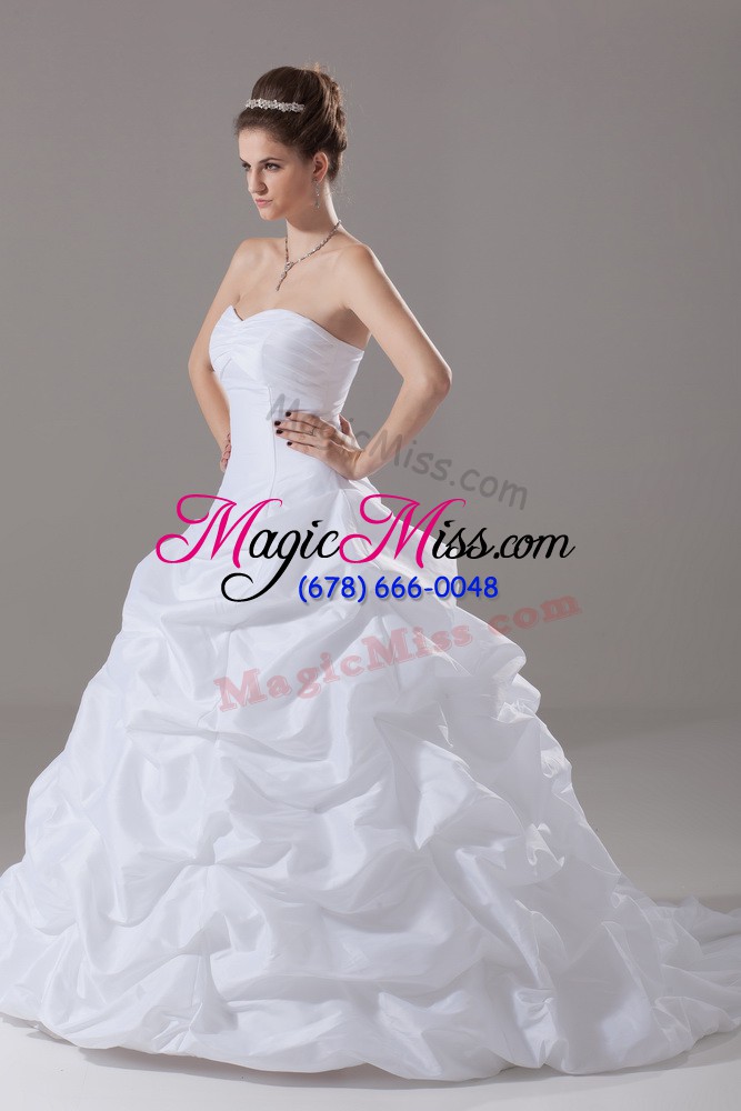 wholesale dynamic white ball gowns sweetheart sleeveless taffeta brush train lace up pick ups wedding gown