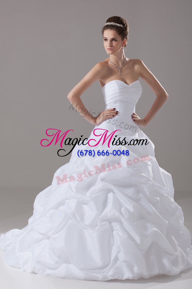 wholesale dynamic white ball gowns sweetheart sleeveless taffeta brush train lace up pick ups wedding gown