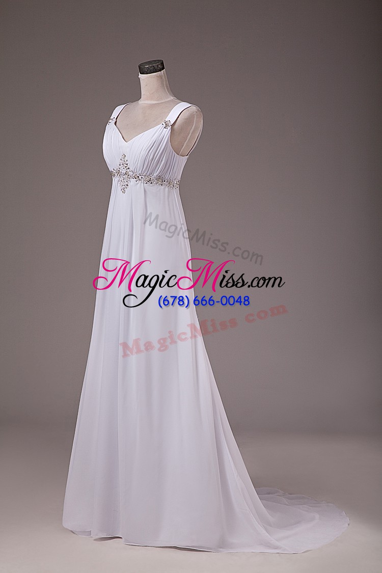 wholesale designer white lace up wedding dresses beading sleeveless brush train