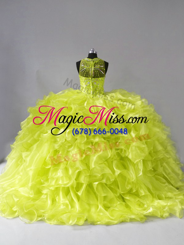 wholesale yellow green ball gowns organza halter top sleeveless beading and ruffles zipper 15th birthday dress brush train