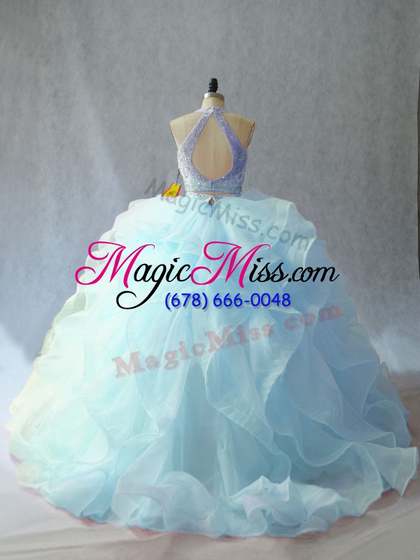 wholesale attractive brush train two pieces ball gown prom dress light blue scoop organza sleeveless backless